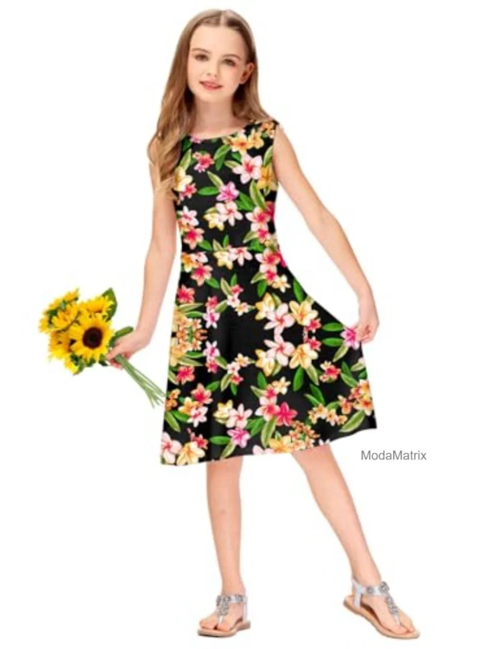 Girls Sleeveless Twirly Skater Dress Summer Tropical Print 3-14Y